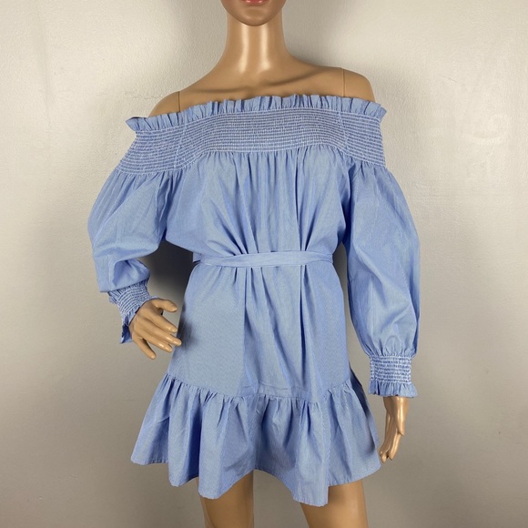 NEW THAYER BLUE STRIPED OFF-THE-SHOULDER MINI DRESS - Picture 2 of 5